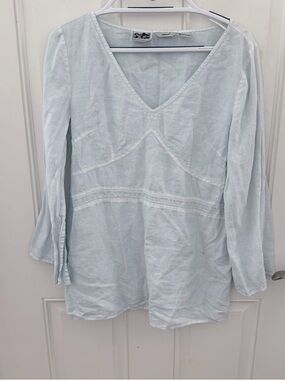 Edward Blouse L | Light Blue Irish Linen Beaded Boho